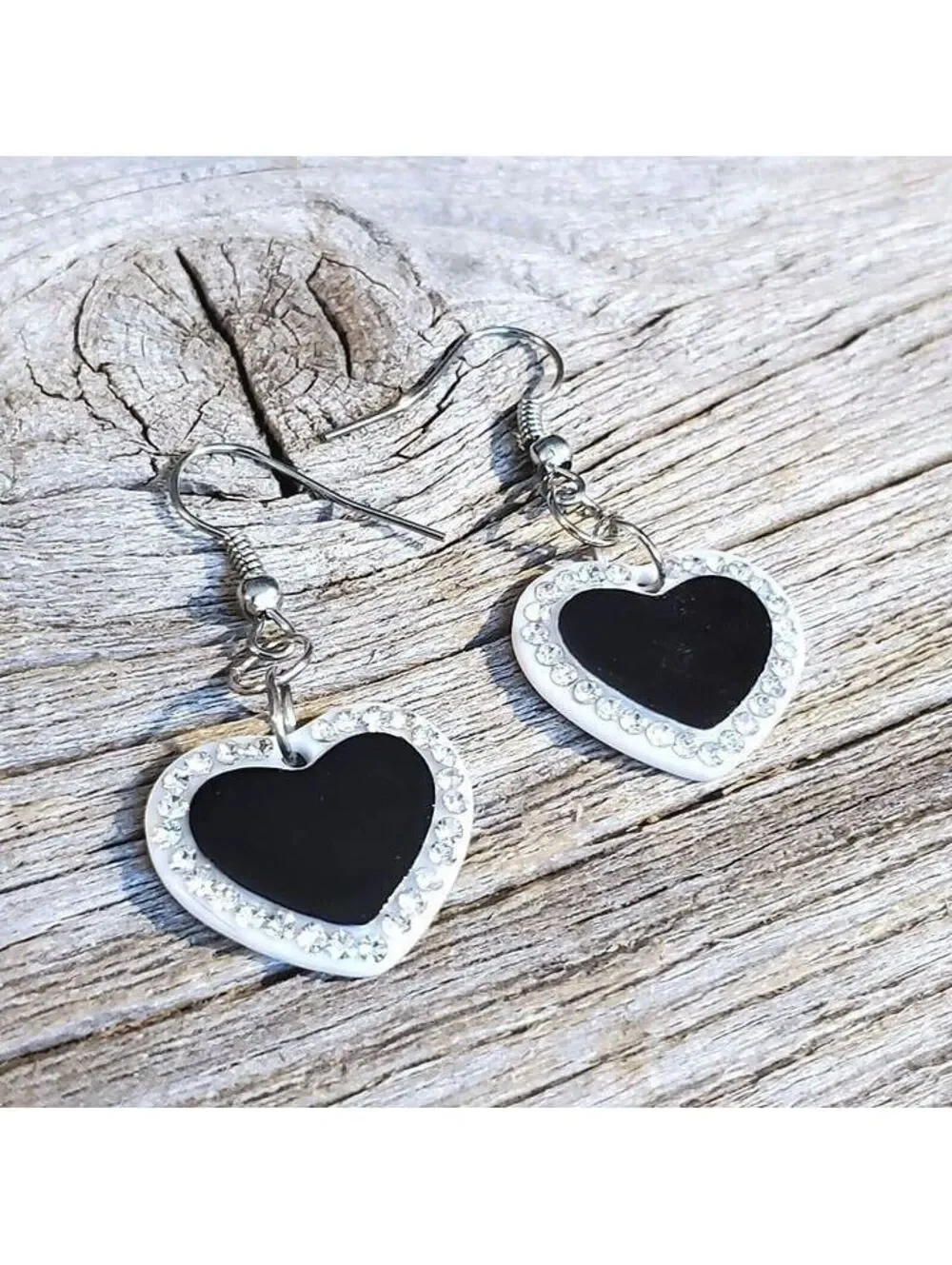 Vintage Y2K White Black Lucite Austrian Crystal Dangly Heart Earrings